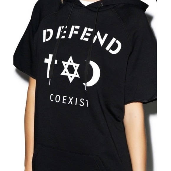 NEW NWT  DEFEND Co-Exist Cut-Off Black Hoodie Small - Picture 3 of 4